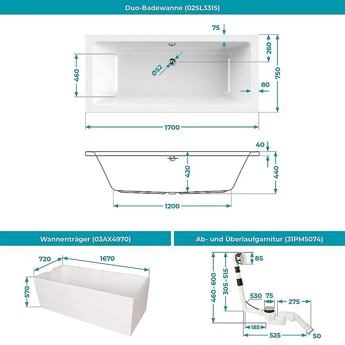 Calmwaters Badewanne Modern Select - Sanitäracryl, Weiß - Produktabbildung einer Duo-Badewanne (02SL3315) mit Maßangaben, Wannenträger (03AX4970) und Ab- und Überlaufgarnitur (31PM5074).