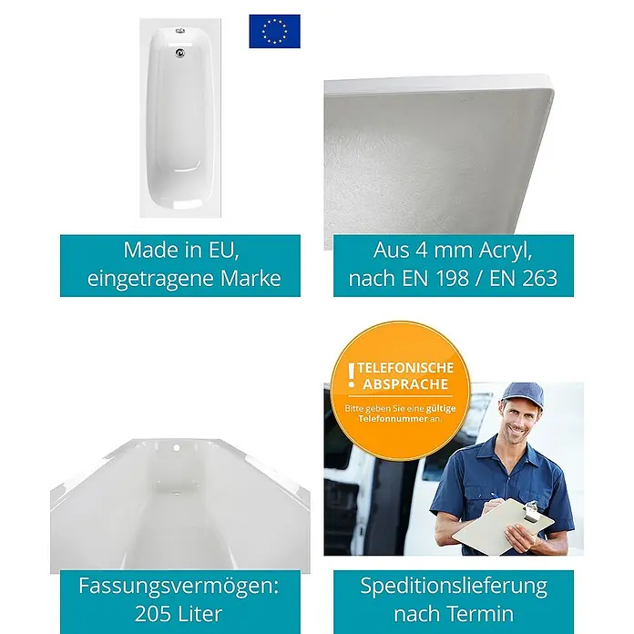 Calmwaters Badewanne Original - Sanitäracryl, Weiß - Abbildung einer Badewanne aus 4 mm Acryl, hergestellt in der EU mit einem Fassungsvermögen von 205 Litern und Speditionslieferung.