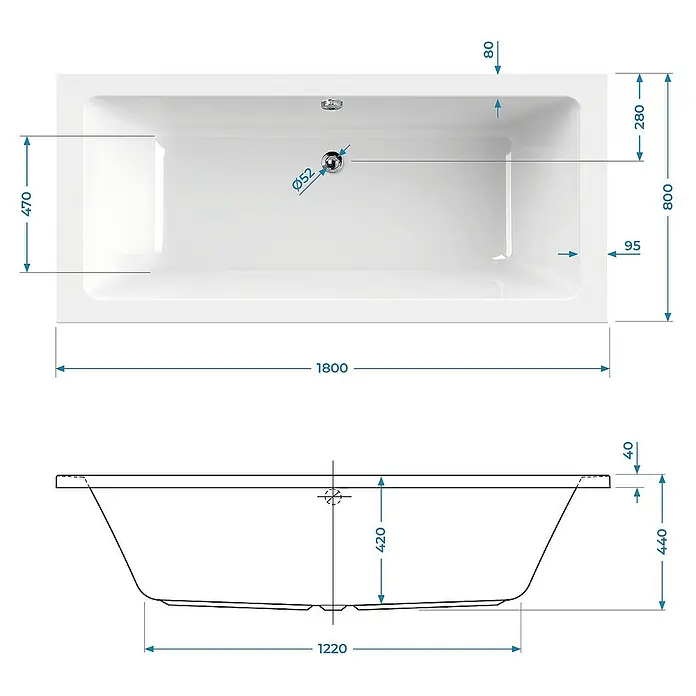 Calmwaters Badewanne Modern Select - Sanitäracryl, Weiß - Technische Zeichnung einer Badewanne mit Maßangaben, die die Größe und Form des Produkts detailliert beschreiben.
