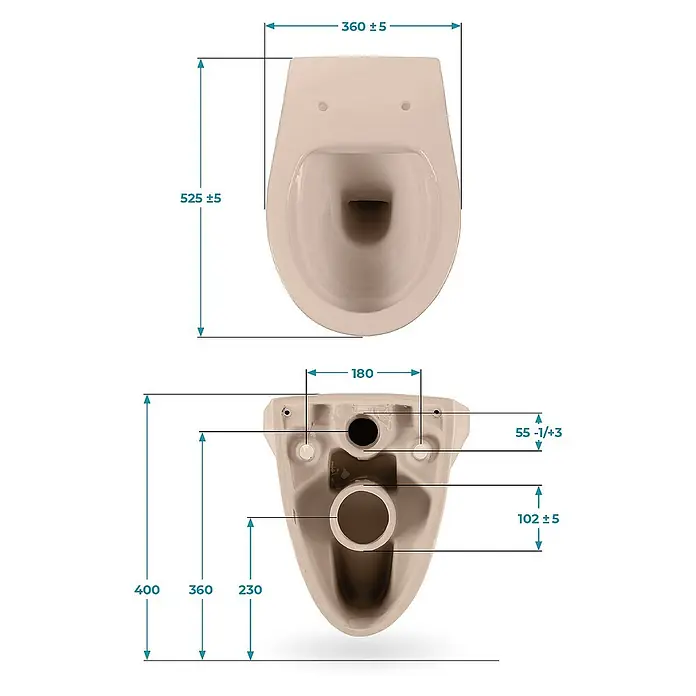 Calmwaters Wand-WC Spülrandlos - Spülrandlos, Ohne Spezialglasur, Spülform: Tief, WC Abgang: Waagerecht, Bahamabeige - Technische Zeichnung einer Hänge-WC-Keramik mit Maßangaben für Installation und Montage.