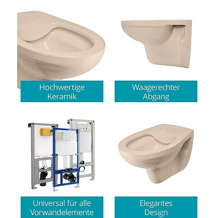 Calmwaters Wand-WC Spülrandlos - Spülrandlos, Ohne Spezialglasur, Spülform: Tief, WC Abgang: Waagerecht, Bahamabeige - Hochwertige Keramiktoilette in Beige, elegantes Design und universell einsetzbar für alle Vorwandelemente. Waagerechter Abgang für einfache Installation.