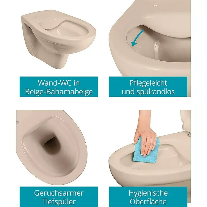 Calmwaters Wand-WC Spülrandlos - Spülrandlos, Ohne Spezialglasur, Spülform: Tief, WC Abgang: Waagerecht, Bahamabeige - Bild zeigt eine Wand-WC-Toilette in Beige-Bahamabeige, mit verschiedenen Merkmalen hervorgehoben.