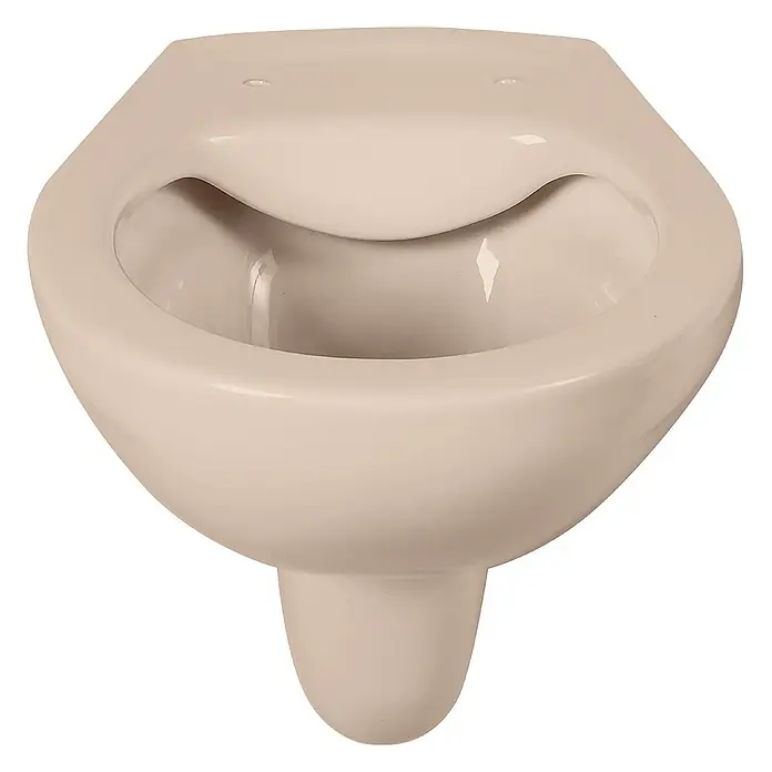 Calmwaters Wand-WC Spülrandlos - Spülrandlos, Ohne Spezialglasur, Spülform: Tief, WC Abgang: Waagerecht, Bahamabeige - Nahaufnahme einer wandhängenden Keramiktoilette in hellem Farbton, die ein minimalistisches und modernes Design zeigt.