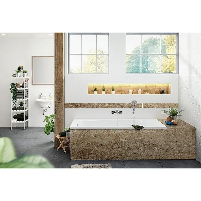 Calmwaters Badewanne Original - 170 x 75 cm, Sanitäracryl, Weiß - Ein modernes Badezimmer mit Badewanne, Ablagefläche und Naturholzelementen bietet Entspannung pur. Die stilvolle Einrichtung lädt zum Verweilen ein.