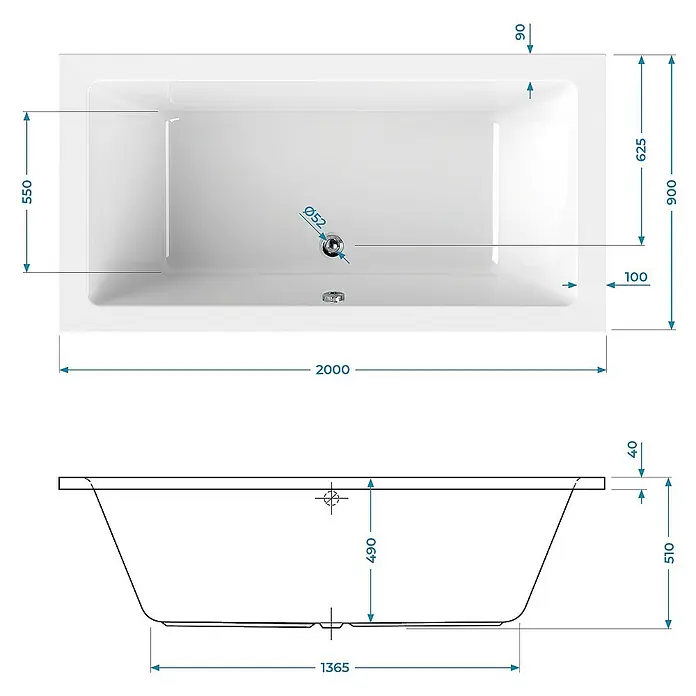 Calmwaters Badewanne Modern Square 2 - Sanitäracryl, Weiß - Technische Zeichnung einer rechteckigen Badewanne mit Maßangaben.