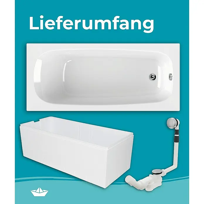 Calmwaters Badewanne Original - 170 x 75 cm, Sanitäracryl, Weiß - Lieferumfang Badewanne: Das Bild zeigt eine weiße Badewanne, eine Wannenverkleidung und einen Abflussgarnitur.