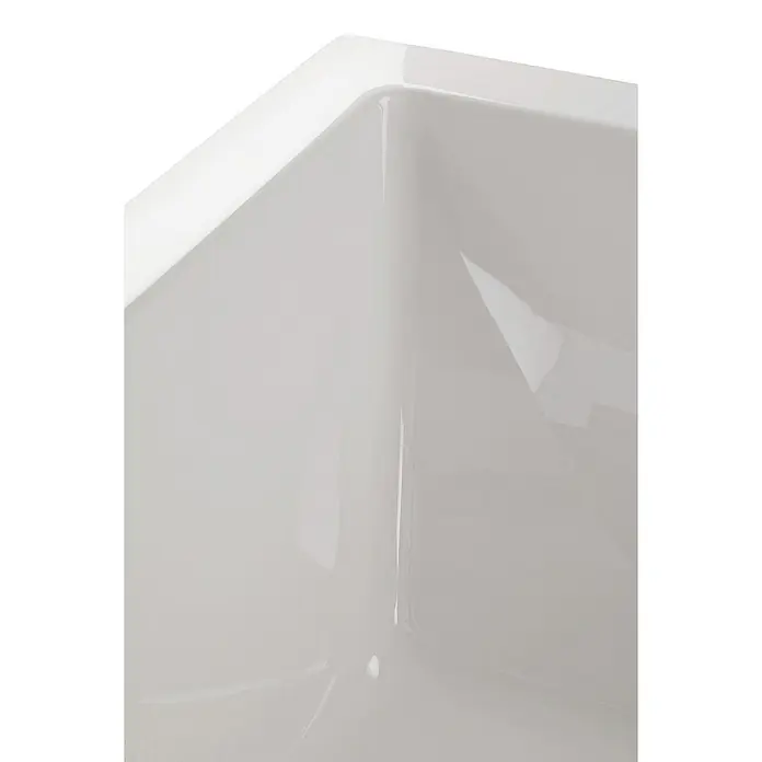 Calmwaters Badewanne Modern Square 2 - Sanitäracryl, Weiß - Detailaufnahme einer rechteckigen, glänzend weißen Keramikspüle, die durch ihre klaren Linien und moderne Ästhetik besticht.