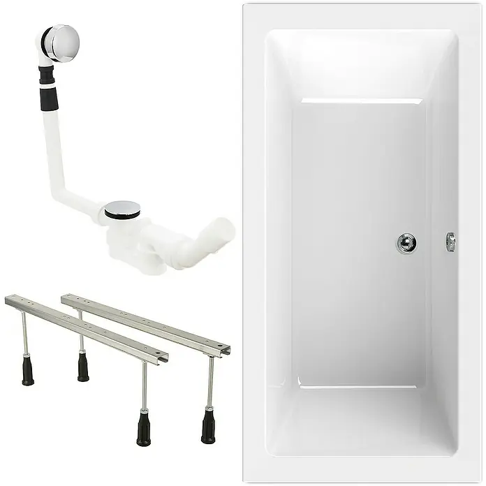 Calmwaters Badewanne Modern Square 2 - Sanitäracryl, Weiß - Produktabbildung einer Badewanne mit Ablaufgarnitur und Füßen, zur Illustration der Installation und des Zubehörs.