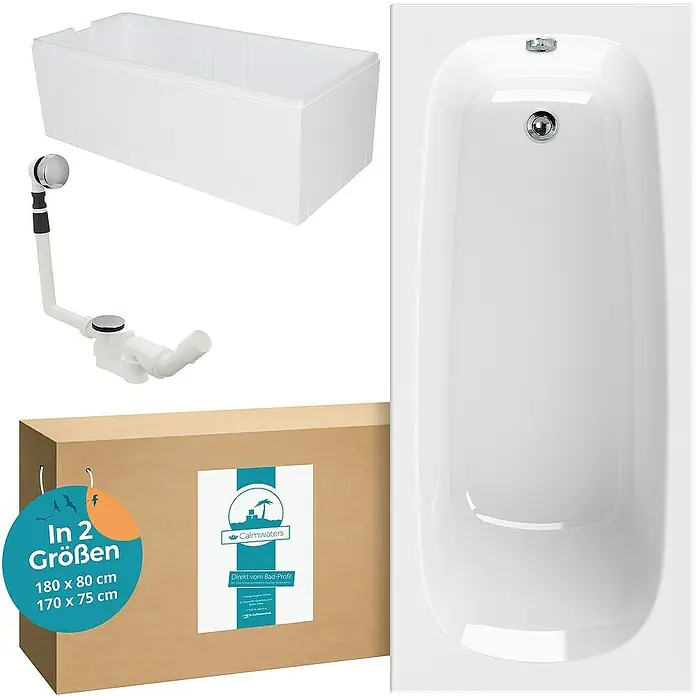 Calmwaters Badewanne Original - 170 x 75 cm, Sanitäracryl, Weiß - Produktabbildung einer Badewanne mit Zubehör, bestehend aus einer Wannenverkleidung, Ablaufgarnitur und einer Produktverpackung in zwei Größen.