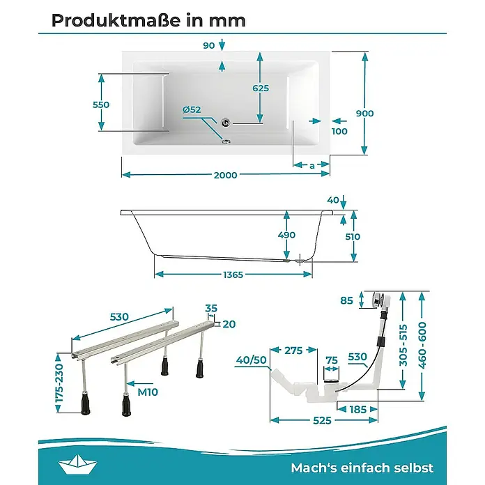 Calmwaters Badewanne Modern Square 2 - Sanitäracryl, Weiß - Produktmaß-Zeichnung einer rechteckigen Badewanne mit allen Maßen, einschließlich Länge, Breite, Höhe und Durchmesser des Abflusses.