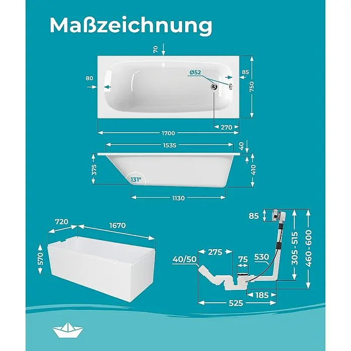 Calmwaters Badewanne Original - 170 x 75 cm, Sanitäracryl, Weiß - Maßzeichnung einer rechteckigen Badewanne mit Abmessungen und Detailansichten für Installationen, dargestellt auf blauem Hintergrund.