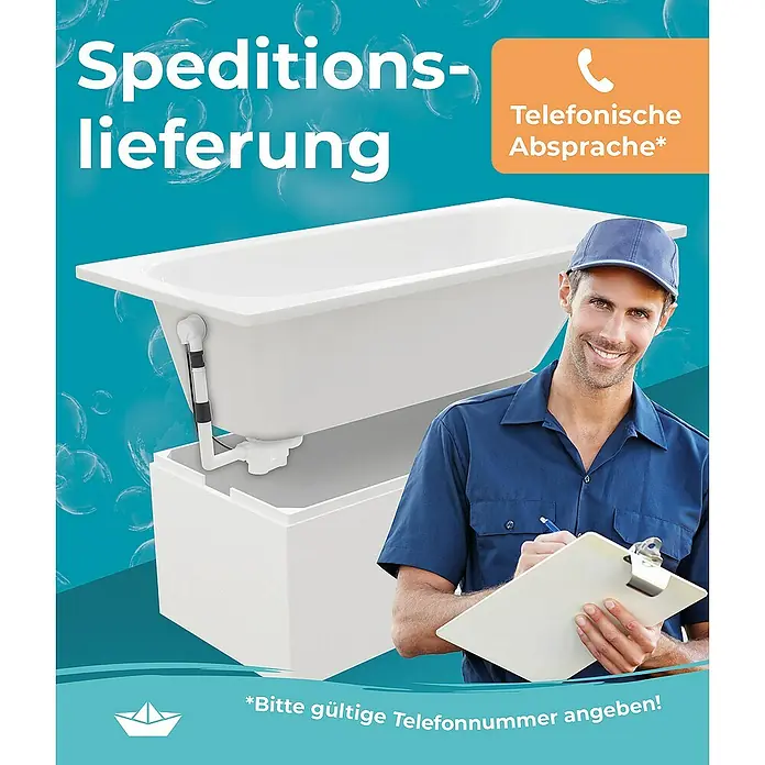 Calmwaters Badewanne Original - 170 x 75 cm, Sanitäracryl, Weiß - Werbung für eine Badewanne. Das Bild zeigt eine weiße Badewanne und einen freundlichen Lieferanten mit Klemmbrett.