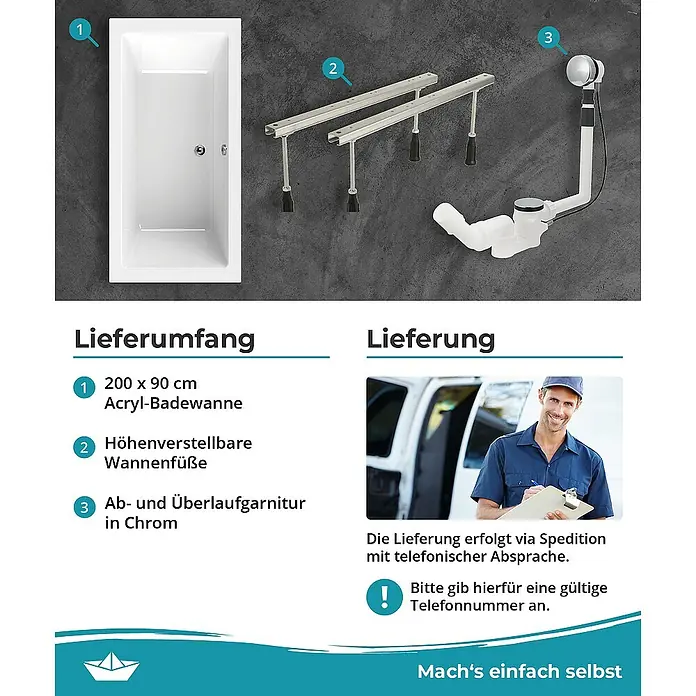 Calmwaters Badewanne Modern Square 2 - Sanitäracryl, Weiß - Produktabbildung: Acryl-Badewanne (200x90 cm), höhenverstellbare Füße & Ab- und Überlaufgarnitur in Chrom. Lieferung per Spedition.