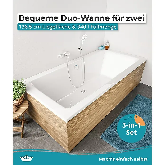 Calmwaters Badewanne Modern Square 2 - Sanitäracryl, Weiß - Elegante Duo-Badewanne mit Holzverkleidung, ideal für entspannende Momente zu zweit. Die Wanne bietet viel Platz und Komfort.