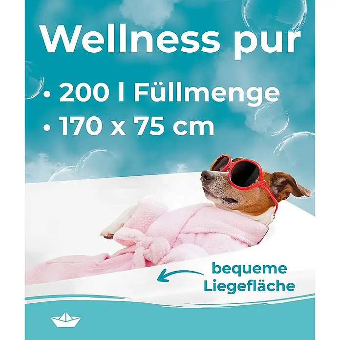 Calmwaters Badewanne Original - 170 x 75 cm, Sanitäracryl, Weiß - Entspannung pur: Hund in Badewanne mit Bademantel und Sonnenbrille. Das Produkt bietet 200 l Füllmenge und eine Liegefläche von 170 x 75 cm.