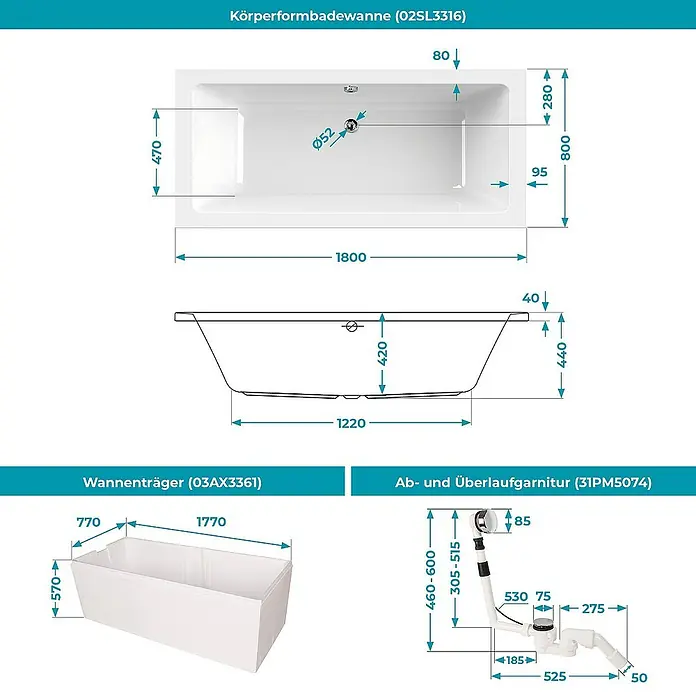 Calmwaters Badewanne Modern Select - Sanitäracryl, Weiß - Produktabbildung einer Körperformbadewanne (02SL3316) mit Wannenträger (03AX3361) und Ab- und Überlaufgarnitur (31PM5074) mit Maßangaben.