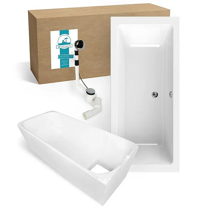 Calmwaters Badewanne Modern Select - Sanitäracryl, Weiß - Produktansicht einer weißen Badewanne mit Ablaufgarnitur und Verpackung, ideal für ein stilvolles Badezimmer.