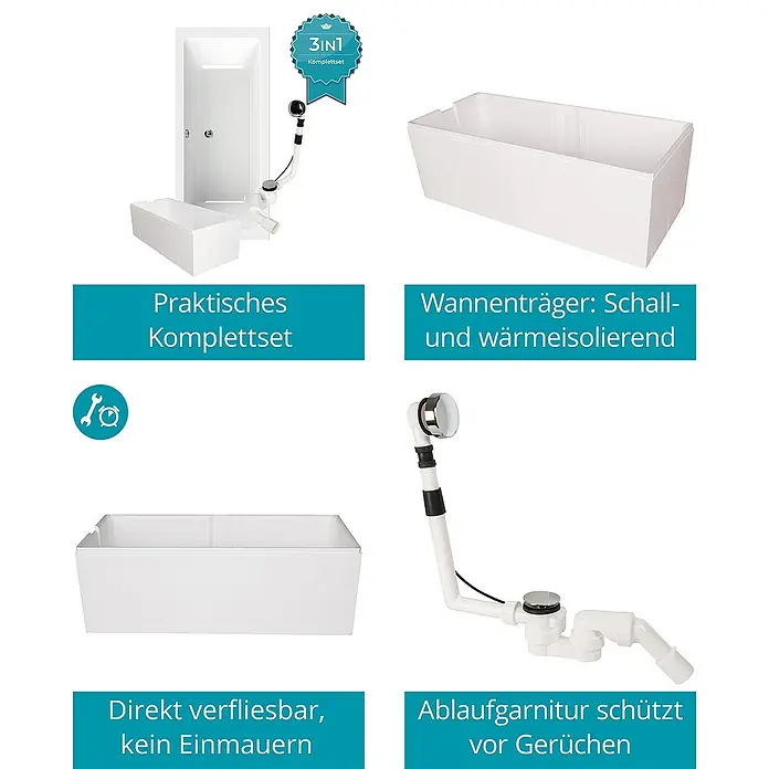 Calmwaters Badewanne Modern Select - Sanitäracryl, Weiß - Komplettes Badewannen-Set mit Wannenfuß, Ablaufgarnitur und Montagerahmen für eine einfache und schnelle Installation.