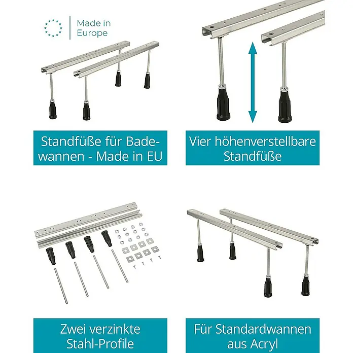 Calmwaters Badewanne Modern Select - Sanitäracryl, Weiß - Bild von Badewannenfüßen, höhenverstellbar, verzinkte Stahlprofile für Standardwannen aus Acryl, hergestellt in Europa.