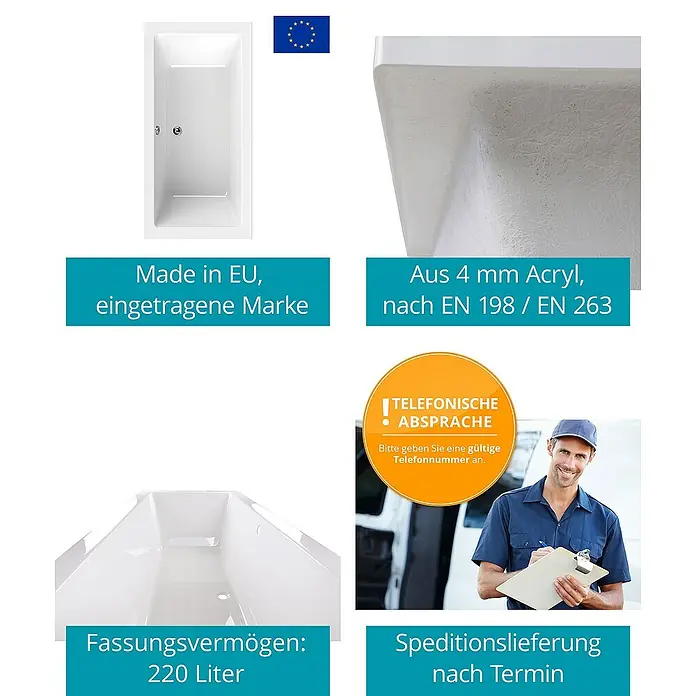 Calmwaters Badewanne Modern Select - Sanitäracryl, Weiß - Produktabbildung einer Badewanne, hergestellt in der EU, mit 220 Litern Fassungsvermögen und 4 mm Acryl nach EN 198/EN 263.