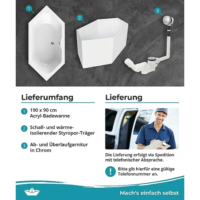 Calmwaters Badewanne Exclusive - Sanitäracryl, Weiß - Produktabbildung mit Badewanne, Styropor-Träger und Ablaufgarnitur. Übersicht der Badewannen-Bestandteile und Lieferbedingungen.