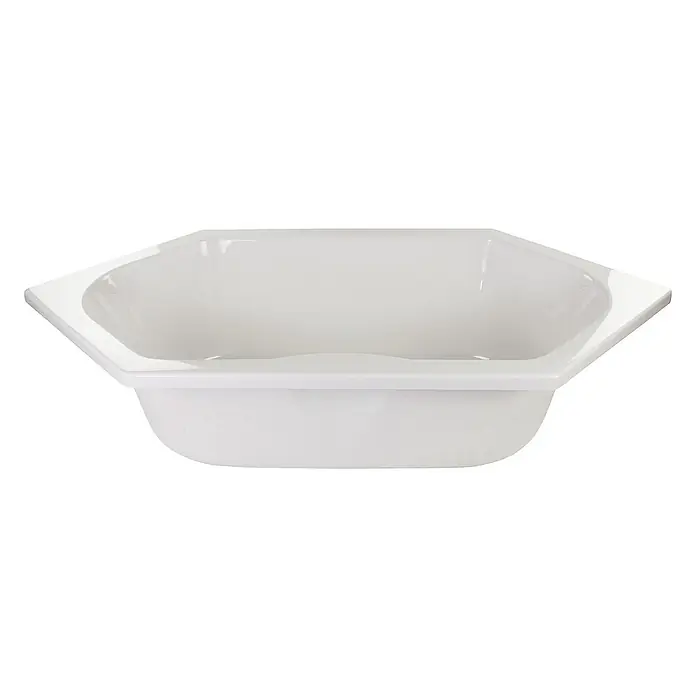 Calmwaters Badewanne Exclusive - Sanitäracryl, Weiß - Eine leere, weiße Hexagon-Badewanne mit glänzender Oberfläche, perfekt für ein entspannendes Badeerlebnis im modernen Badezimmerdesign.