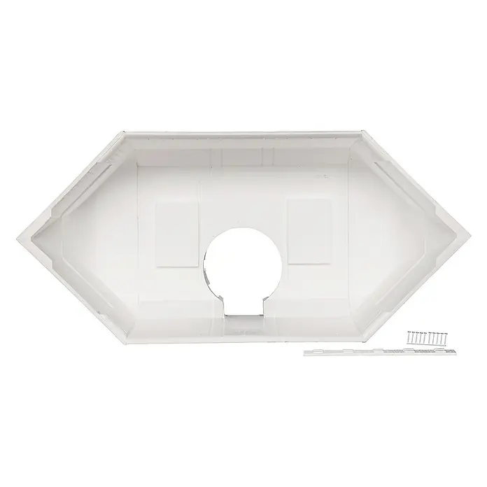 Calmwaters Badewanne Exclusive - Sanitäracryl, Weiß - Das Bild zeigt eine weiße, sechseckige Deckenleuchte mit einer runden Aussparung in der Mitte, zusammen mit Befestigungsmaterial.