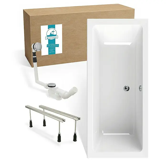 Calmwaters Badewanne Modern Select - Sanitäracryl, Weiß - Bild eines Badewannen-Sets mit Wanne, Siphon, Füßen und Karton, ideal für Ihr Badezimmerprojekt.