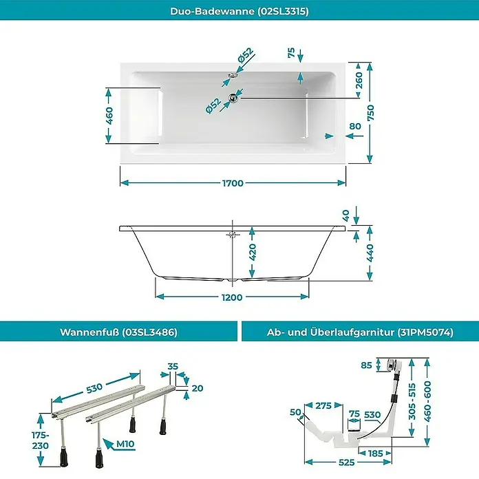 Calmwaters Badewanne Modern Select - Sanitäracryl, Weiß - Technische Zeichnung einer Duo-Badewanne (02SL3315) mit Maßen, Wannenfuss (03SL3486) und Ab- und Überlaufgarnitur (31PM5074).