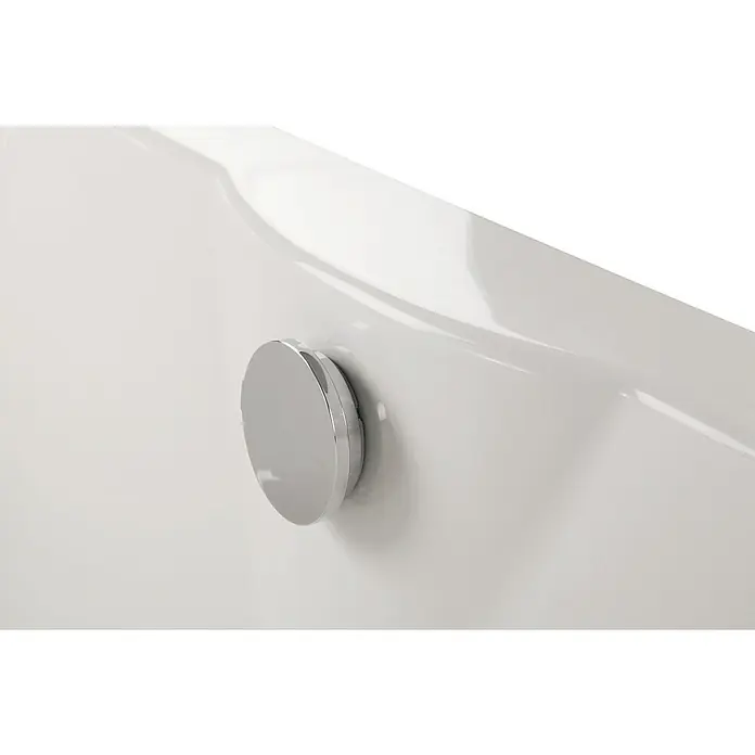 Calmwaters Badewanne Exclusive - Sanitäracryl, Weiß - Nahaufnahme eines glänzenden, runden Abflussstopfens aus Chrom in einer weißen Badewanne, der einen modernen und eleganten Akzent setzt.
