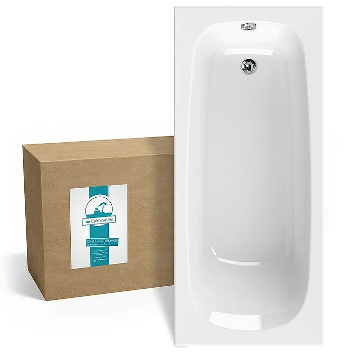 Calmwaters Badewanne Original - Sanitäracryl, Weiß - Eine elegante Badewanne in strahlendem Weiß, zusammen mit der dazugehörigen Verpackung. Perfekt für ein entspannendes Badeerlebnis im stilvollen Badezimmer.
