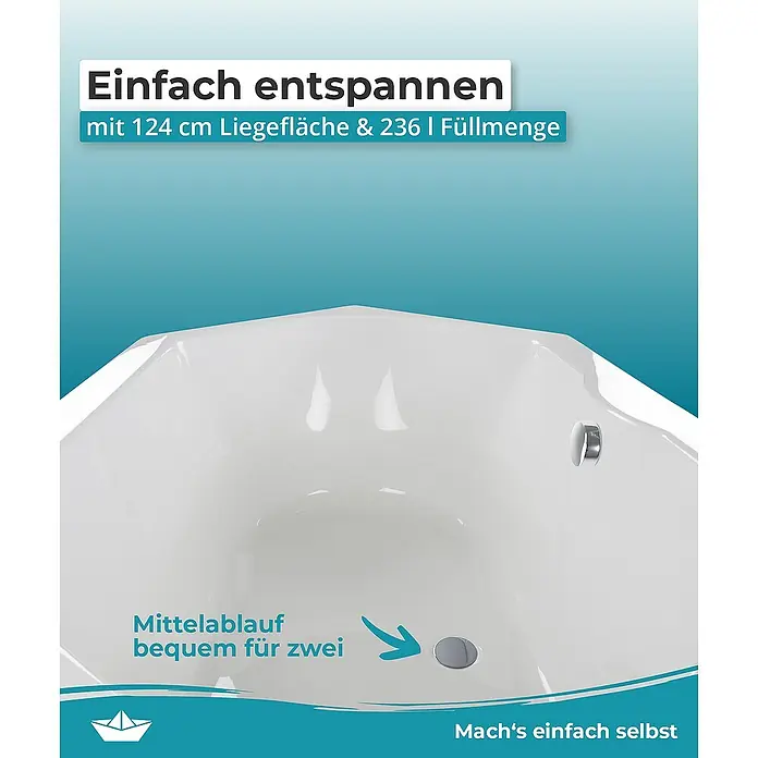 Calmwaters Badewanne Exclusive - Sanitäracryl, Weiß - Nahaufnahme einer weißen Badewanne mit Mittelablauf und den Texten "Einfach entspannen" und "Mittelablauf bequem für zwei".