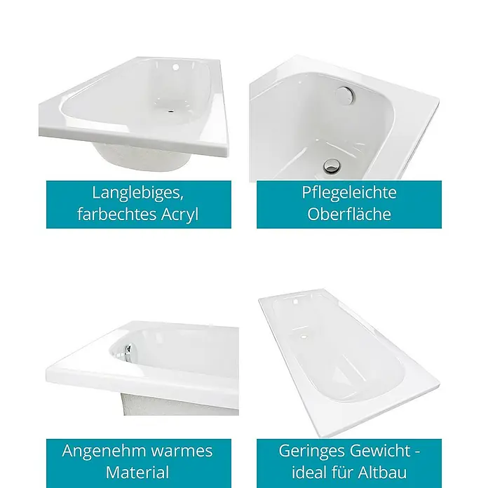 Calmwaters Badewanne Original - Sanitäracryl, Weiß - Das Bild zeigt eine Badewanne mit den Eigenschaften langlebiges Acryl, pflegeleichte Oberfläche, angenehm warmes Material und geringes Gewicht.