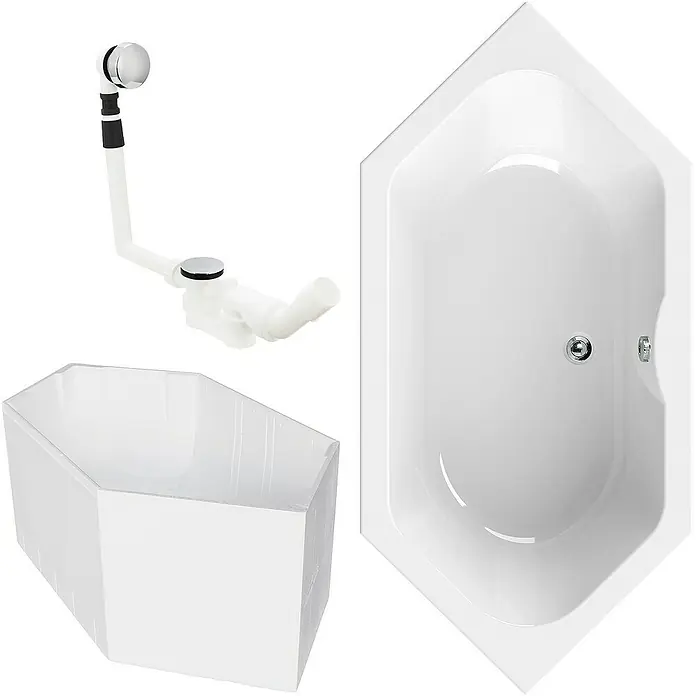 Calmwaters Badewanne Exclusive - Sanitäracryl, Weiß - Dieses Bild zeigt eine elegante Eckbadewanne mit Zubehör, perfekt für moderne Badezimmer. Die weiße Farbe sorgt für ein sauberes Erscheinungsbild.