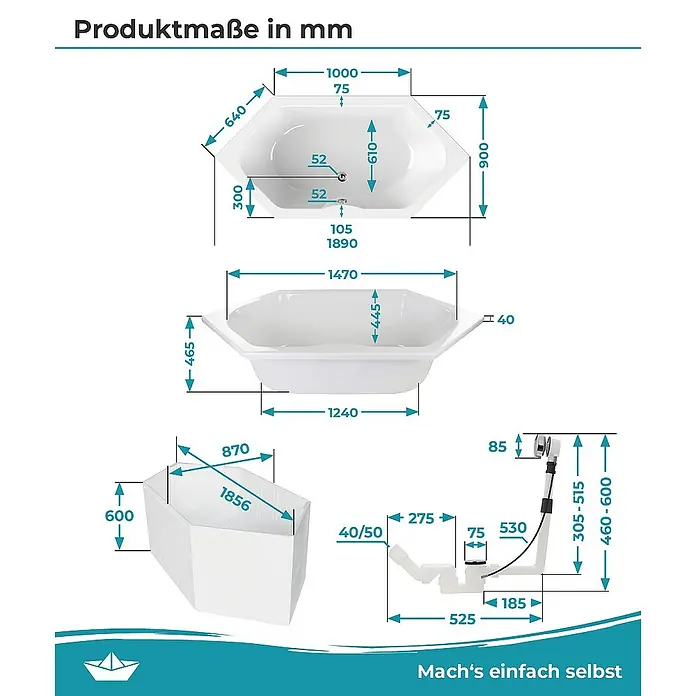 Calmwaters Badewanne Exclusive - Sanitäracryl, Weiß - Produktmaße in mm. Die Abbildung zeigt eine Badewanne mit verschiedenen Maßen und Abmessungen in Millimetern.