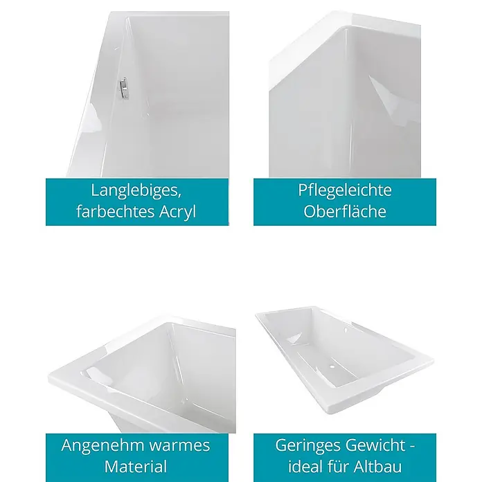 Calmwaters Badewanne Modern Select - Sanitäracryl, Weiß - Detailansichten einer Badewanne, die die langlebige Acrylkonstruktion, die pflegeleichte Oberfläche, das angenehm warme Material und das geringe Gewicht hervorheben.
