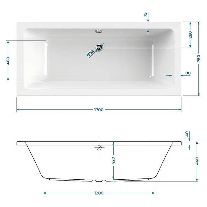 Calmwaters Badewanne Modern Select - Sanitäracryl, Weiß - Abbildung einer Badewanne mit den dazugehörigen Maßen, um eine fundierte Kaufentscheidung zu treffen.
