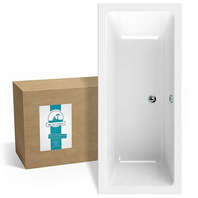 Calmwaters Badewanne Modern Select - Sanitäracryl, Weiß - Ein rechteckiges, modernes Badewannenmodell in Weiß, verpackt in einem Karton, für ein stilvolles Badezimmerambiente.