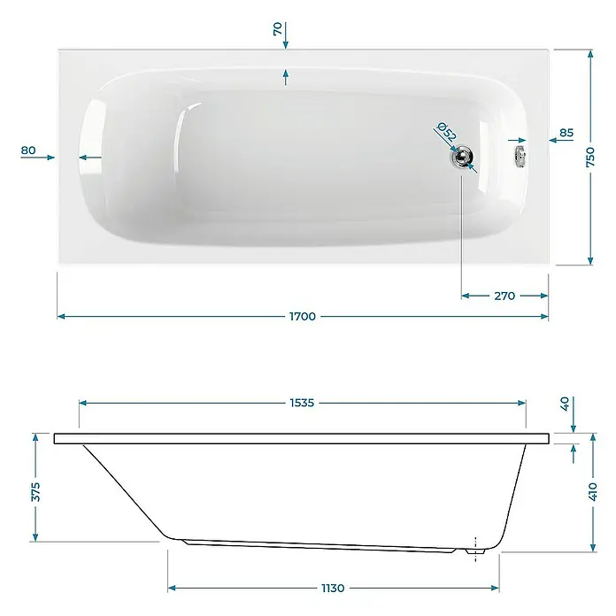 Calmwaters Badewanne Original - Sanitäracryl, Weiß - Abbildung einer Badewanne mit Maßangaben. Die Zeichnung zeigt die Maße und Abmessungen der Badewanne in zwei Ansichten.