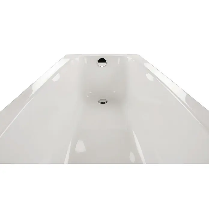 Calmwaters Badewanne Original - Sanitäracryl, Weiß - Nahaufnahme einer weißen Badewanne mit glänzender Oberfläche und zwei Abflüssen, die eine moderne und saubere Ästhetik zeigt.