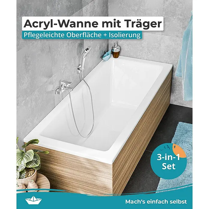 Calmwaters Badewanne Modern Square - Sanitäracryl, Weiß - Eine rechteckige Acryl-Badewanne mit Trägern und pflegeleichter Oberfläche ist abgebildet, die für entspannende Bäder und Komfort sorgt.