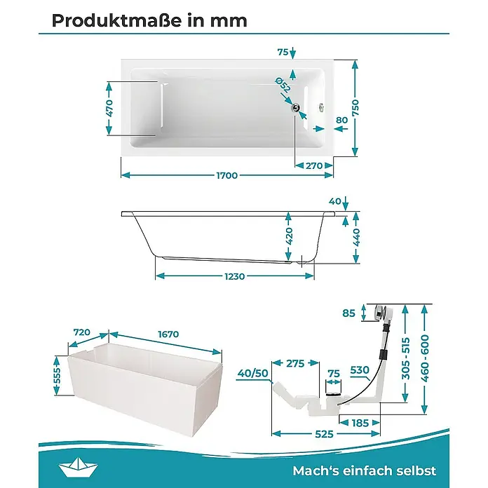 Calmwaters Badewanne Modern Square - Sanitäracryl, Weiß - Produktmaße einer weißen Badewanne in mm mit den Maßen 1700 x 750 x 440 mm und Details zum Siphon und Ablaufgarnitur.
