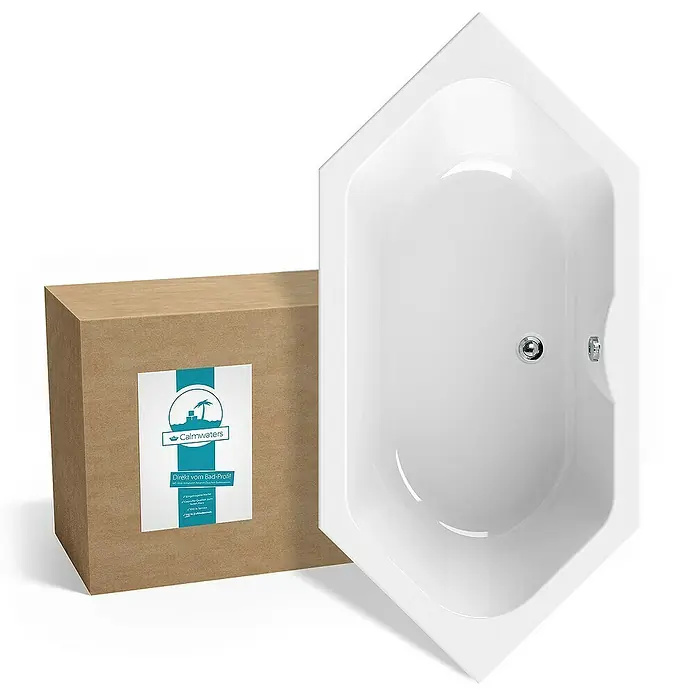 Calmwaters Badewanne Exclusive - Sanitäracryl, Weiß - Bild einer weißen Eckbadewanne neben einem braunen Karton mit einem Aufkleber.