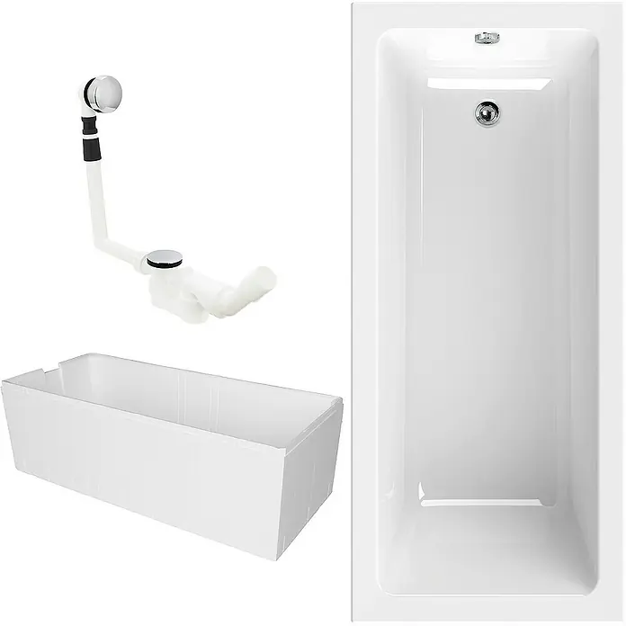Calmwaters Badewanne Modern Square - Sanitäracryl, Weiß - Produktabbildung eines rechteckigen Bades mit Überlaufgarnitur und einer Schürze. Geeignet für moderne Badezimmer.