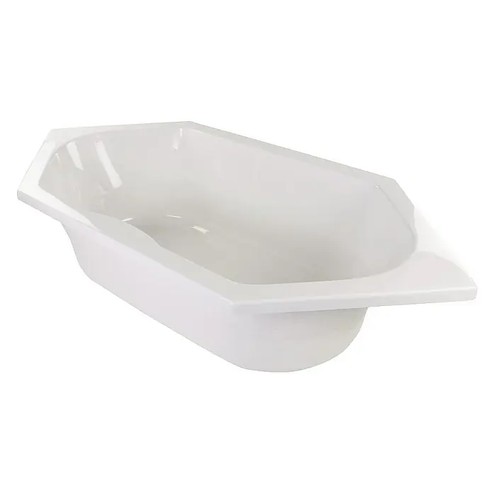 Calmwaters Badewanne Exclusive - Sanitäracryl, Weiß - Nahaufnahme einer eleganten, weißen Badewanne mit oktogonaler Form, die eine moderne und stilvolle Badezimmerausstattung repräsentiert.