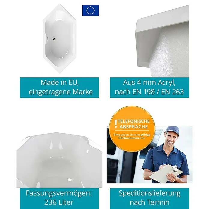 Calmwaters Badewanne Exclusive - Sanitäracryl, Weiß - Produktbild einer Eckbadewanne mit Informationen zu Materialien, Herkunft und Lieferung.