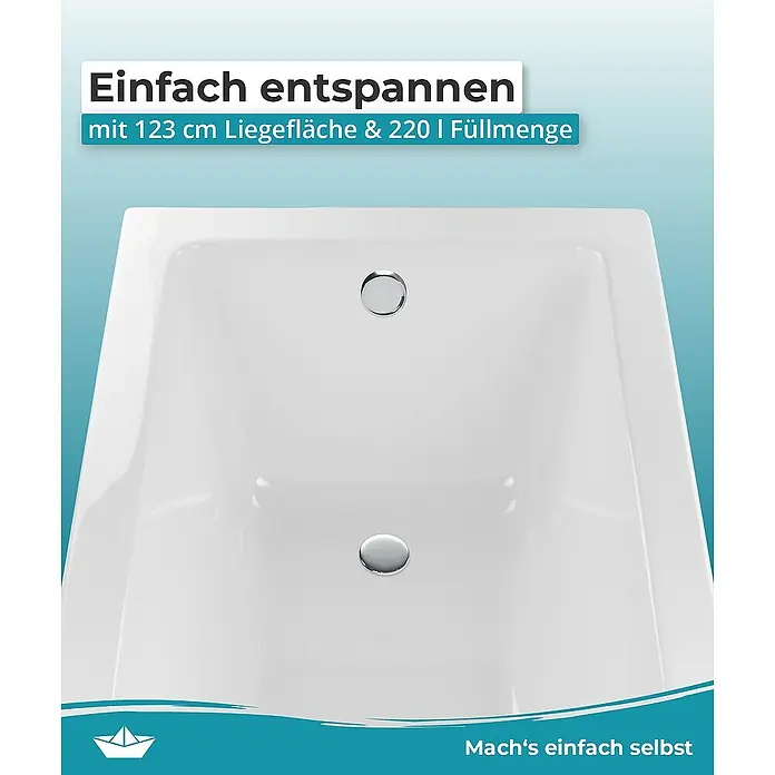 Calmwaters Badewanne Modern Square - Sanitäracryl, Weiß - Das Bild zeigt eine moderne Badewanne mit glatter, weißer Oberfläche und zwei glänzenden Abflüssen. Ideal zum Entspannen mit 123 cm Liegefläche.