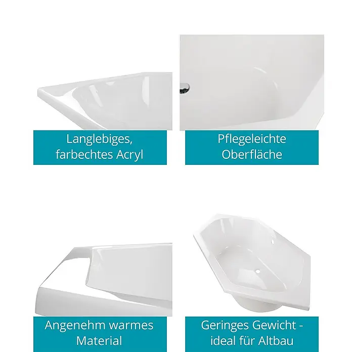 Calmwaters Badewanne Exclusive - Sanitäracryl, Weiß - Produktansicht einer Badewanne mit den Eigenschaften langlebiges, farbechtes Acryl, pflegeleichte Oberfläche, angenehm warmes Material und geringes Gewicht.