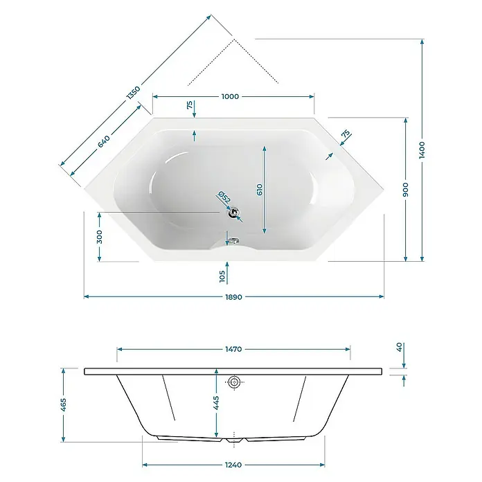 Calmwaters Badewanne Exclusive - Sanitäracryl, Weiß - Technische Zeichnung einer sechseckigen Badewanne mit allen Maßen.
