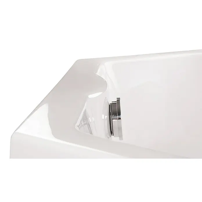 Calmwaters Badewanne Exclusive - Sanitäracryl, Weiß - Detailaufnahme einer glänzenden, weißen Badewanne mit einem verchromten Abfluss, der die hochwertige Verarbeitung des Produkts hervorhebt.